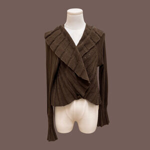 Unbranded Knit Cardigan | Brown Ruffle Detail | Size L | Vintage